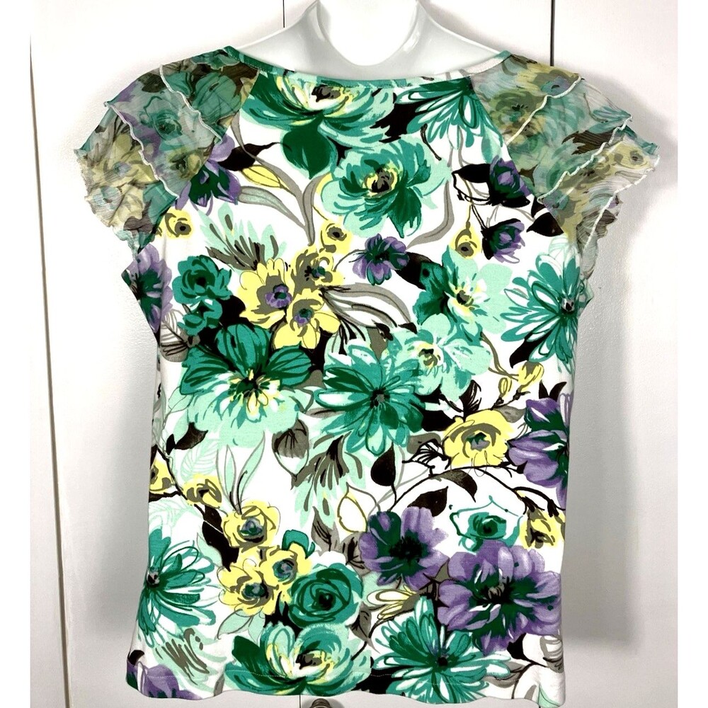 Caribbean Joe XL Ruffled Short Sleeve Pintuck Blouse Button Floral - Picture 6 of 6